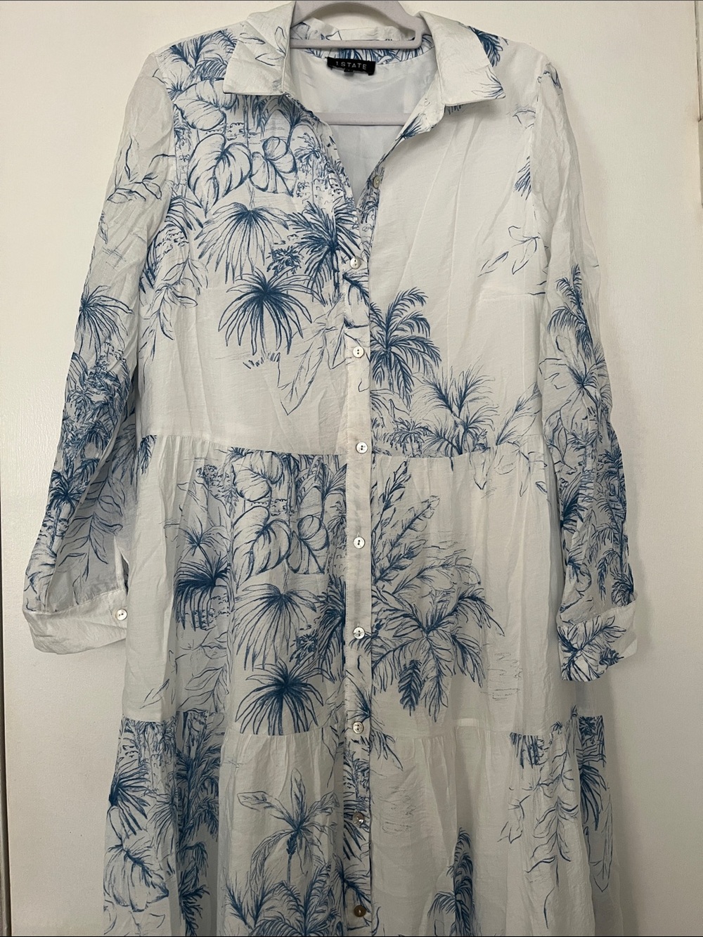 1.STATE White Maxi Dress with Blue Botanical Print
